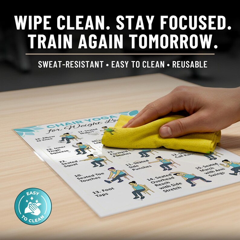 May include: A yellow cloth cleaning a white chair yoga poster. The poster displays exercise illustrations and the text "CHAIR YOGA for Weight Loss." The poster also has the text "WIPE CLEAN. STAY FOCUSED. TRAIN AGAIN TOMORROW."