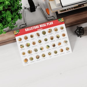 May include: A white printable meal plan with a red header that says "Gallstone Meal Plan - Dinner". The plan features 49 different meal options, each with a photo of a plate of food.