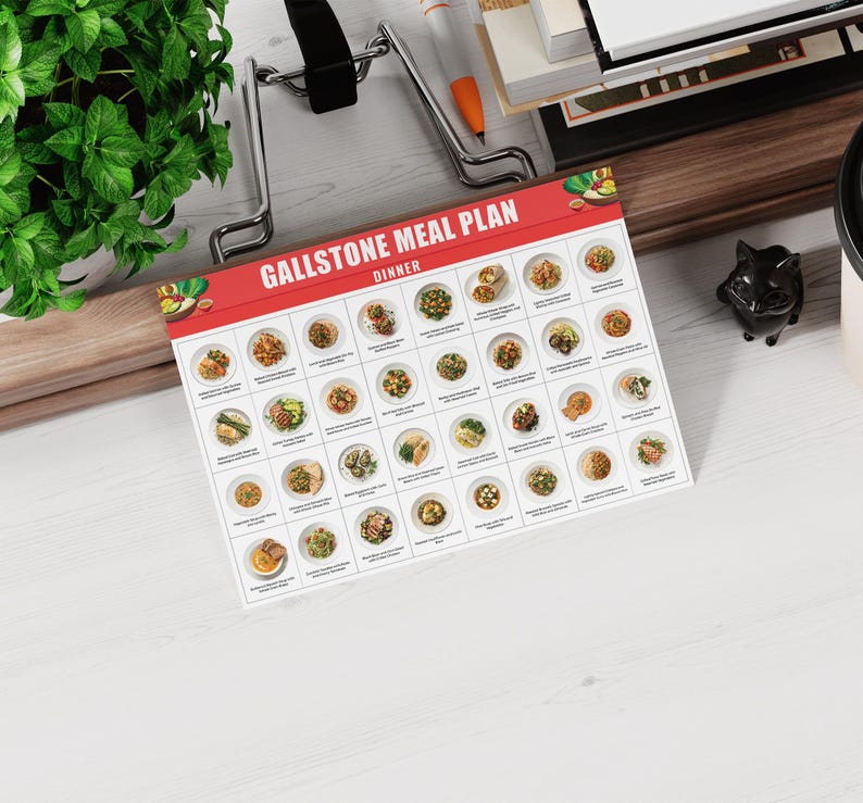 May include: A white printable meal plan with a red header that says "Gallstone Meal Plan - Dinner". The plan features 49 different meal options, each with a photo of a plate of food.