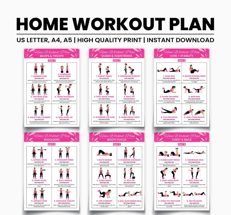 Puede incluir: Un p&oacute;ster blanco titulado "HOME WORKOUT PLAN" con diagramas de ejercicios. El p&oacute;ster incluye secciones para B&iacute;ceps y Tr&iacute;ceps, Cu&aacute;driceps e Isquiotibiales, Core y Estabilidad, Hombros, Booty Focus y Pecho y Espalda. Tambi&eacute;n se incluye el texto "US LETTER, A4, A5 | HIGH QUALITY PRINT | INSTANT DOWNLOAD".