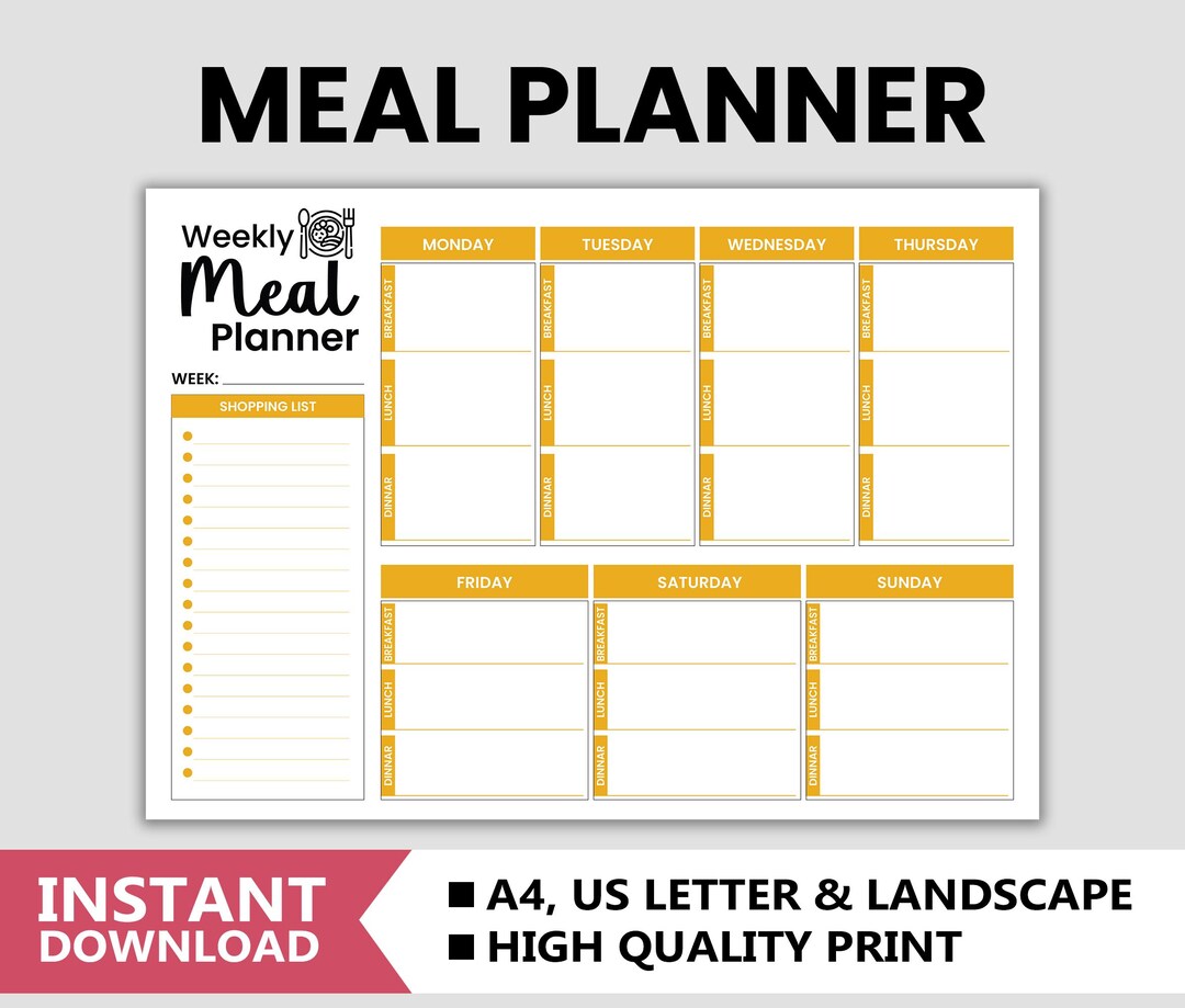 Weekly Meal Planner Printable: Grocery List, A4 PDF (digital Download ...