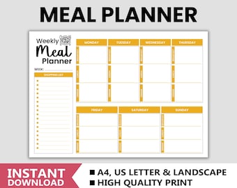 Planificateur de repas hebdomadaire imprimable : liste de courses, PDF A4 (téléchargement numérique)