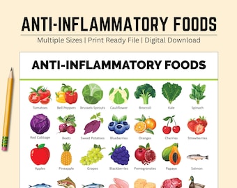 Puede incluir: Un gráfico imprimible con ilustraciones coloridas de alimentos antiinflamatorios, que incluyen tomates, pimientos, coles de Bruselas, coliflor, brócoli, col rizada, espinacas, repollo rojo, remolachas, batatas, arándanos, naranjas, cerezas, fresas, manzanas, piña, uvas, moras, granadas, papaya, salmón y más. El gráfico se titula "Alimentos antiinflamatorios".