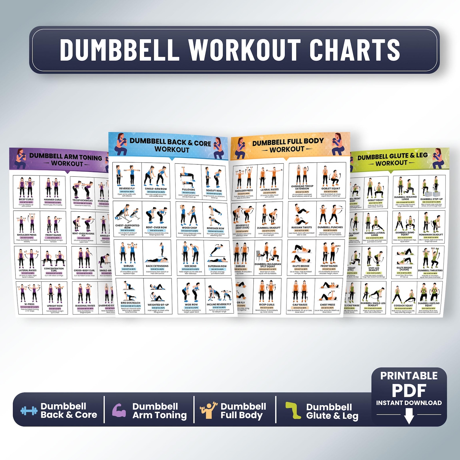 Dumbbell Chart R Dumbbell Workout Charts Bundle – Full Body, Arms, Core, Glutes & Legs ...