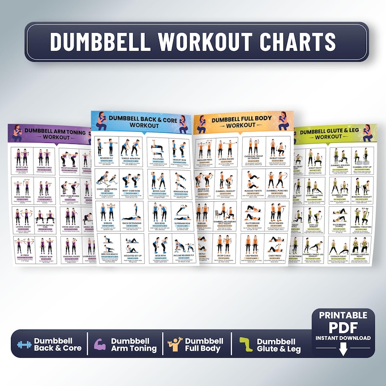 Dumbbell Workout Charts Bundle – Full Body, Arms, Core, Glutes & Legs ...