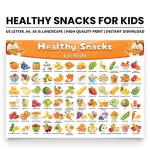 Healthy Snacks for Kids, Printable Snack Ideas Chart, Fun & Nutritious Food Guide for Children