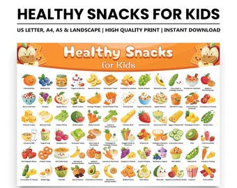 Healthy Snacks for Kids, Printable Snack Ideas Chart, Fun & Nutritious Food Guide for Children