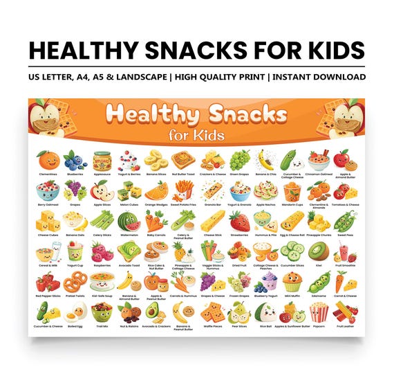 Healthy Snacks for Kids, Printable Snack Ideas Chart, Fun & Nutritious Food Guide for Children