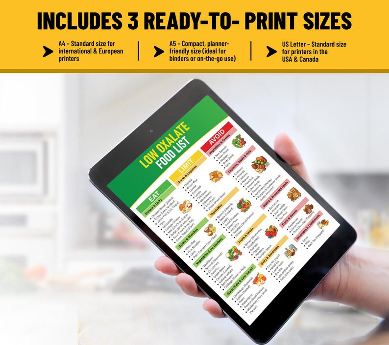 Pu&ograve; includere: Un tablet nero mostra una "Lista di alimenti a basso contenuto di ossalati" con categorie come "Mangia", "Limita" e "Evita". Il testo in alto recita "Include 3 formati pronti per la stampa". Il tablet &egrave; tenuto in mano. La lista include formati A4, A5 e US Letter.
