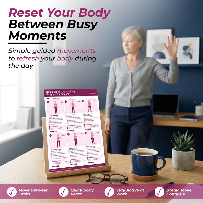 May include: A wooden stand holds a printed guide titled "Complete Tai Chi Walking Program for Seniors." The guide displays illustrated Tai Chi poses. Text above reads "Reset Your Body Between Busy Moments." A woman waves in the background. A mug of tea and a small plant are on the desk.