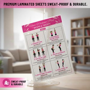 May include: A laminated home workout plan for biceps and triceps. The pink and white sheet features illustrations of exercises, including hammer curls and tricep kickbacks. The text at the top reads "PREMIUM LAMINATED SHEETS SWEAT-PROOF & DURABLE."