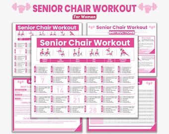 May include: A pink and white printable guide titled "Senior Chair Workout" with exercise illustrations. The guide includes instructions for various exercises, rest periods, and a section titled "Before You". The words "Instant Download" are at the bottom.