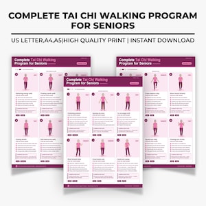 May include: A set of printed guides for a Complete Tai Chi Walking Program for Seniors. The guides feature illustrations of Tai Chi movements with step-by-step instructions. The text includes "US Letter, A4, A5 | High Quality Print | Instant Download."