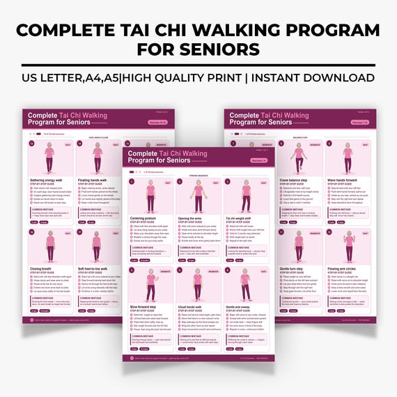 Printable Tai Chi Walking Program for Seniors, Instant Download Senior Exercise Chart, Digital Seated & Standing Mobility Guide