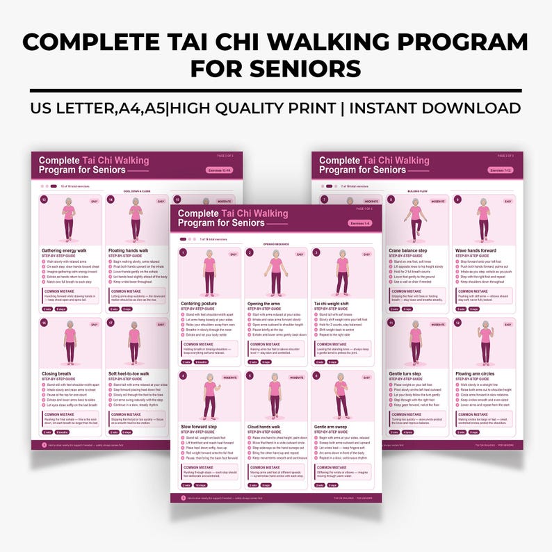 May include: A set of printed guides for a Complete Tai Chi Walking Program for Seniors. The guides feature illustrations of Tai Chi movements with step-by-step instructions. The text includes "US Letter, A4, A5 | High Quality Print | Instant Download."