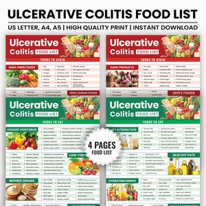 Lista de alimentos imprimible para la colitis ulcerosa, alimentos que se deben comer y evitar, tabla de dieta antiinflamatoria, guía de apoyo digestivo