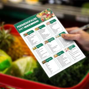 May include: A green and white printable grocery list for a perimenopause diet. The list includes categories for vegetables, fruits, healthy fats, whole grains & complex carbs, herbs & spices, protein, and diet-enhancing ingredients.