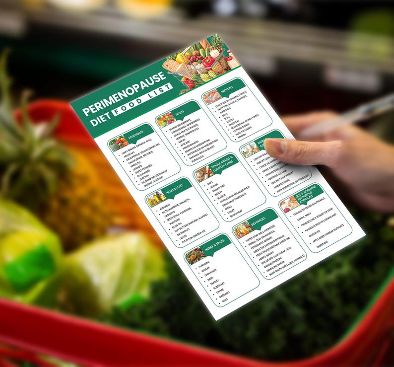 May include: A green and white printable grocery list for a perimenopause diet. The list includes categories for vegetables, fruits, healthy fats, whole grains & complex carbs, herbs & spices, protein, and diet-enhancing ingredients.