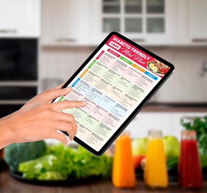May include: A tablet displaying a 7-day diabetic-friendly meal plan. The screen shows a colorful grid with meal suggestions for breakfast, lunch, snack, and dinner. The tablet is held in front of a blurred background with fresh produce and juice bottles.