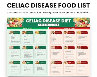 Peut inclure: Une liste imprimable des aliments pour la maladie cœliaque, avec un schéma de couleurs vert et rouge. La liste est divisée en catégories « Aliments à manger » et « Aliments à éviter », avec des listes détaillées d'aliments. Le texte « CELIAC DISEASE DIET FOOD LIST » est en haut.