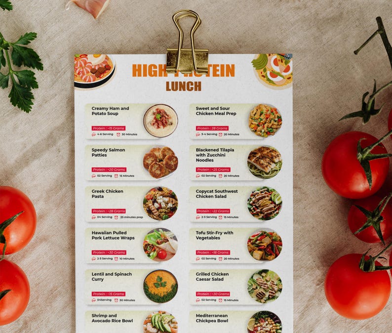 Może przedstawiać: Kolorowe menu z listą opcji lunchu bogatych w białko. Każda opcja zawiera zdjęcie dania, nazwę dania, zawartość białka i czas przygotowania. Menu znajduje się na beżowym tle z pomidorami w tle.