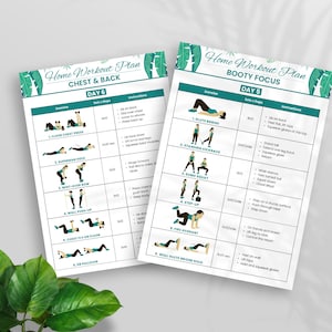 Peut inclure: Deux feuilles blanches de plan d'entra&icirc;nement avec des accents turquoise et verts. Les feuilles sont intitul&eacute;es "Home Workout Plan" et pr&eacute;sentent des exercices pour les pectoraux et le dos et la concentration des fessiers. Chaque feuille comprend des sch&eacute;mas d'exercices et des instructions.