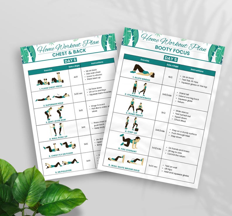 Peut inclure: Deux feuilles blanches de plan d'entra&icirc;nement avec des accents turquoise et verts. Les feuilles sont intitul&eacute;es "Home Workout Plan" et pr&eacute;sentent des exercices pour les pectoraux et le dos et la concentration des fessiers. Chaque feuille comprend des sch&eacute;mas d'exercices et des instructions.