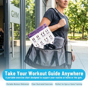 May include: A gray gym bag with a workout chart, towel, water bottle, and gloves. The chart is titled "Dumbbell Arm Toning Workout" and features illustrated exercises. The text at the bottom reads "Take Your Workout Guide Anywhere".
