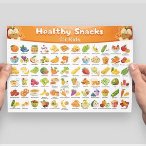 K&ouml;nnte beinhalten: Ein farbenfrohes Diagramm mit dem Titel "Gesunde Snacks f&uuml;r Kinder", das 64 verschiedene gesunde Snack-Optionen f&uuml;r Kinder zeigt. Jeder Snack ist mit einem Comic-Charakter illustriert und mit seinem Namen beschriftet.