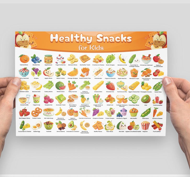 K&ouml;nnte beinhalten: Ein farbenfrohes Diagramm mit dem Titel "Gesunde Snacks f&uuml;r Kinder", das 64 verschiedene gesunde Snack-Optionen f&uuml;r Kinder zeigt. Jeder Snack ist mit einem Comic-Charakter illustriert und mit seinem Namen beschriftet.