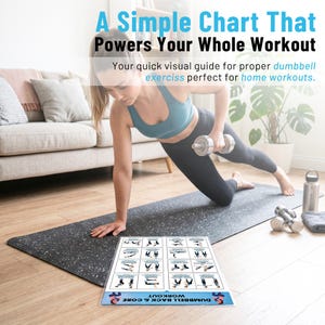 May include: A woman exercising with a dumbbell, following a workout chart. The chart, titled "Dumbbell Back & Core Workout," provides a visual guide for home exercises. The image includes a water bottle, dumbbells, and a gray exercise mat.