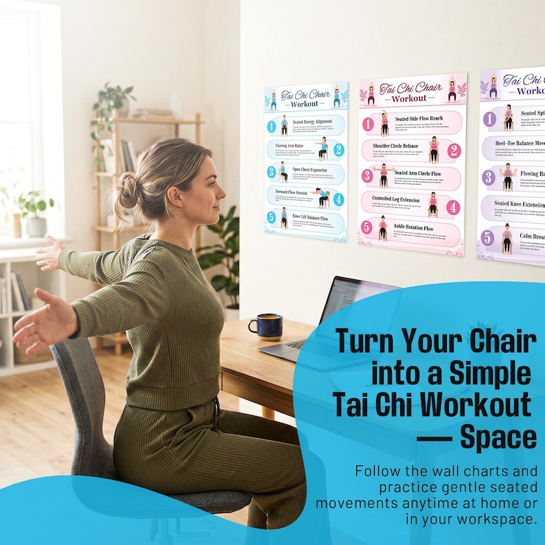 May include: A woman seated at a desk with arms outstretched, practicing Tai Chi. Three colorful wall charts display Tai Chi chair workout instructions. The text on the image reads: "Turn Your Chair into a Simple Tai Chi Workout Space."