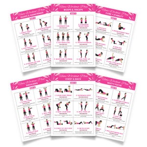 May include: A set of six pink and white Home Workout Plan exercise guides. Each guide features illustrations of exercises for different muscle groups, including quads, hamstrings, biceps, triceps, core, stability, shoulders, chest, back, and booty.