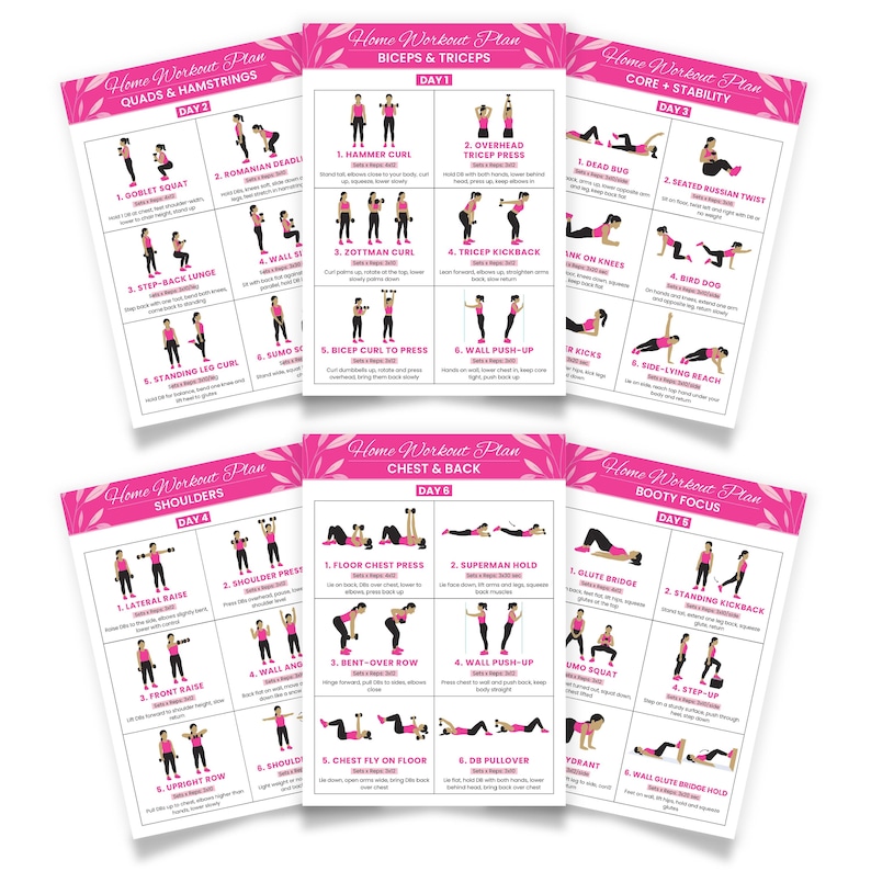 May include: A set of six pink and white Home Workout Plan exercise guides. Each guide features illustrations of exercises for different muscle groups, including quads, hamstrings, biceps, triceps, core, stability, shoulders, chest, back, and booty.