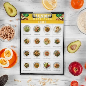 Peut inclure: Un plan de repas pour le d&eacute;jeuner avec 16 options de repas diff&eacute;rentes. Le plan de repas est sur un presse-papiers noir avec un fond jaune. Les repas comprennent une vari&eacute;t&eacute; de plats, tels que des salades, des wraps et des bols.