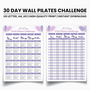 30 Day Challenge Wall Pilates Workout, Wall Exercise for Women, Flat Stomach Challenge, Core Strength, Instant Download, Printable File