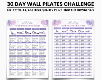 30 Day Challenge Wall Pilates Workout, Wall Exercise for Women, Flat Stomach Challenge, Core Strength, Instant Download, Printable File