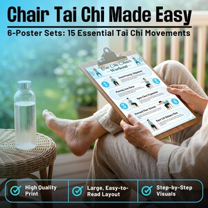 May include: A clipboard with a wooden frame displays a "Tai Chi Chair Workout" guide with step-by-step visuals. The text "Chair Tai Chi Made Easy" is at the top. A clear water bottle sits on a wicker side table.