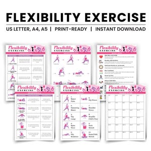 May include: Printable flexibility exercise routine with illustrations of each pose. The routine includes poses like skater pulse, hamstring skater, hip lunge, spine wave, hip rotations, and seated side stretch. The printable also includes a progress tracker.