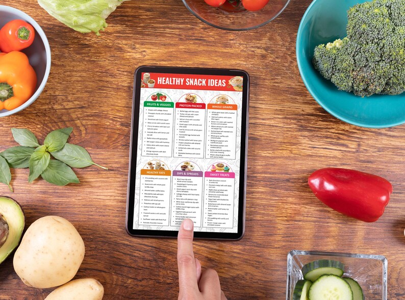 May include: A tablet screen displaying a list of healthy snack ideas, categorized by food type. The categories include fruits & veggies, protein packs, whole grains, healthy fats, nuts & spreads, and sweet treats. The tablet is on a wooden table with various fruits and vegetables around it.