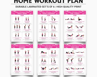 Plan de entrenamiento en casa laminado: conjunto de 6 tablas de ejercicios de cuerpo completo, ideales para principiantes, para entrenamiento diario.