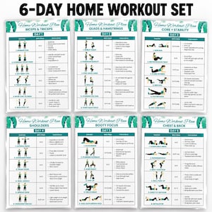 Op de afbeelding: Een 6-daagse thuistrainingsset met zes gelamineerde kaarten met de titel 6-DAY HOME WORKOUT SET. Elke kaart toont oefenroutines voor specifieke spiergroepen, inclusief illustraties van figuren die bewegingen uitvoeren met sets, herhalingen en instructies.