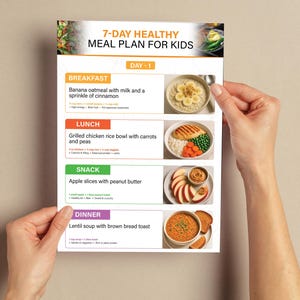 Puede incluir: Un plan de comidas saludable de 7 días para niños, sostenido por manos. El plan incluye opciones para el desayuno, el almuerzo, la merienda y la cena. El menú del Día 1 presenta avena con plátano, tazón de arroz con pollo a la parrilla, rodajas de manzana y sopa de lentejas.