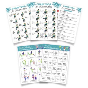May include: A collection of printed exercise guides for chair yoga and desk stretches. The "Chair Yoga for Weight Loss" guides show illustrated poses. The "Daily Workplace Easy Desk Stretches" and "30 Day Health Challenge" guides offer additional wellness tips.