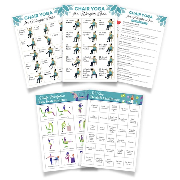 Chair Yoga for Weight Loss – 5-Pack Laminated Exercise Charts | Seated Chair Workouts, Desk Exercises, Low Impact Fitness