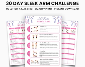 Pode incluir: Três guias de treino imprimíveis para um desafio de 30 dias para braços elegantes. O guia principal é branco com detalhes em rosa e apresenta diagramas de exercícios e instruções. O título diz "30 Day Sleek Arm Challenge".