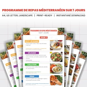 Peut inclure: Plusieurs guides imprimables de plans de repas méditerranéens. Les guides présentent une mise en page colorée avec des images de divers plats, notamment du yaourt au miel et aux noix, des salades et du saumon grillé. Le texte comprend "PROGRAMME DE REPAS MÉDITERRANÉEN SUR 7 JOURS".