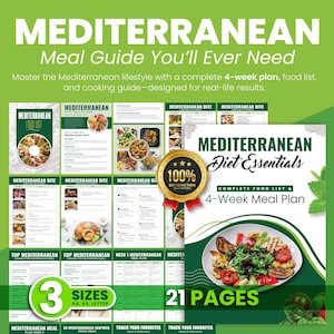 Mediterranean Diet Meal Planner, Mediterranean Diet Food List, Four Week Meal Plan, Healthy Foods Shopping List, Nutrition Guide Digital