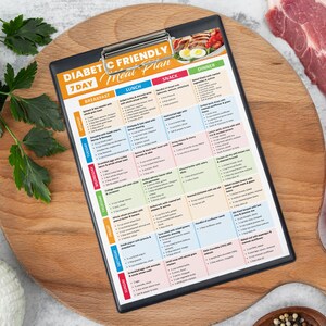 May include: A 7-day diabetic-friendly meal plan with a black and white design. The plan includes breakfast, lunch, snack, and dinner options for each day of the week.