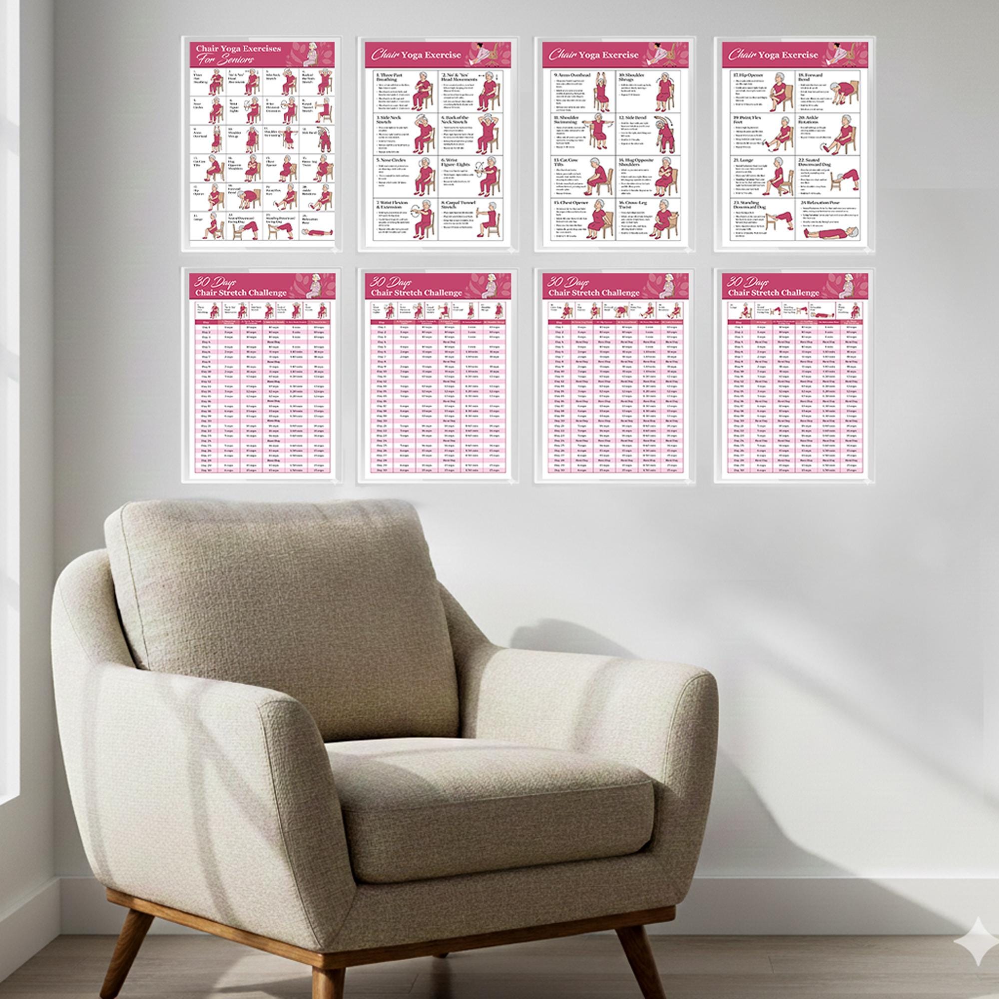 Chair Yoga Chart for Seniors, Laminated Exercise Poster Sets of 9, 30 ...